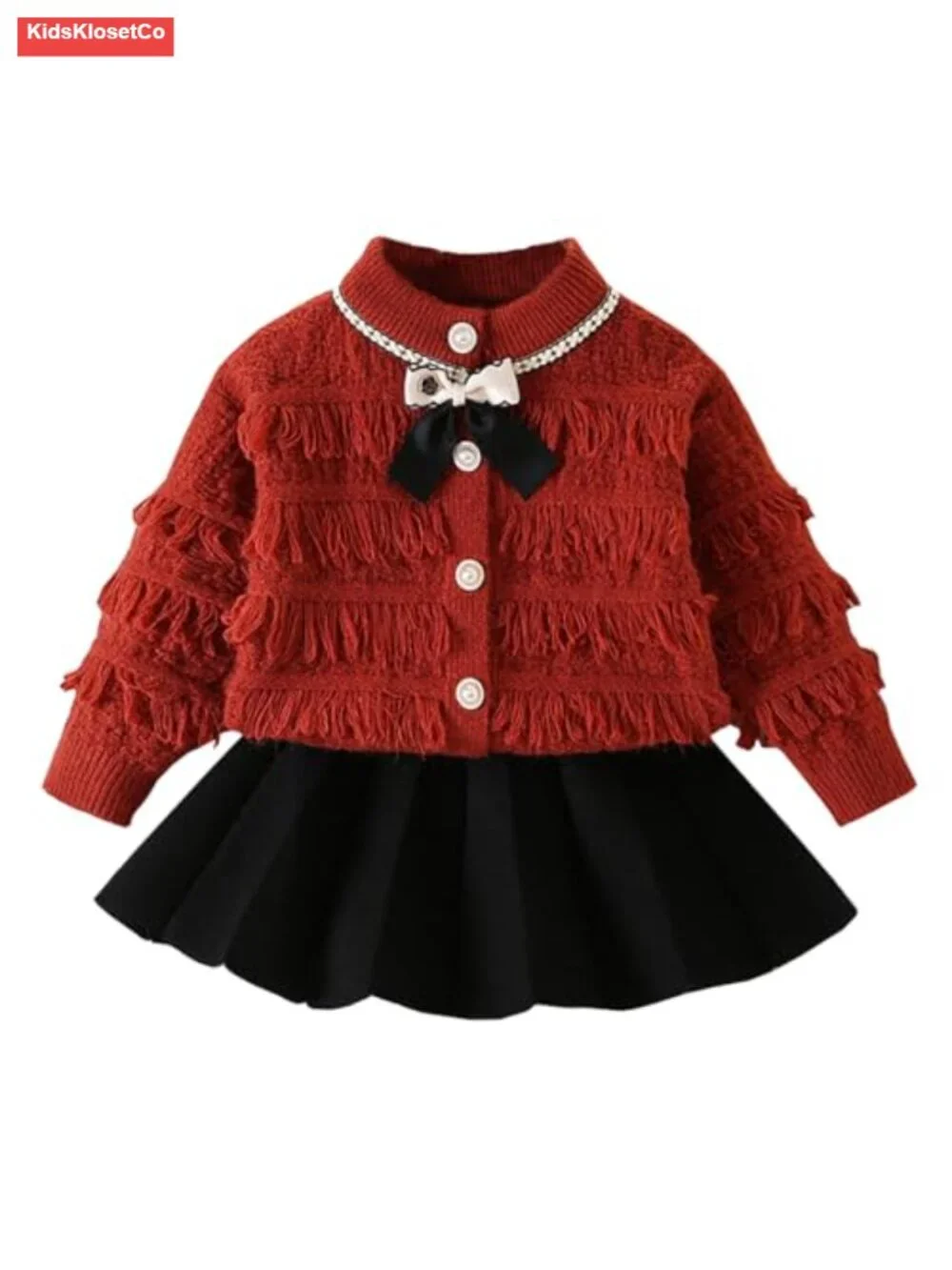 Toddler Girls Sweater Skirt Set Bow-knot Cardigan Cable Knit Button Down